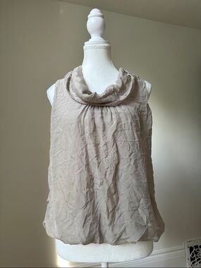 GIUSY Beige 100% Silk Italy Lagenlook Preppy‎ Summer Cowl Neck Tank Top Small